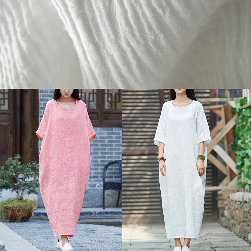 Handmade White Cotton Linen Clothes for O Neck Half Sleeve Maxi Dress