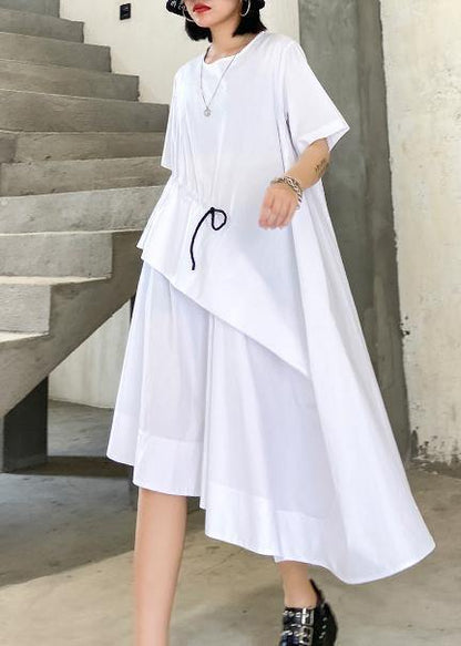 Handmade White Cotton O Neck Drawstring Robe Summer Dress