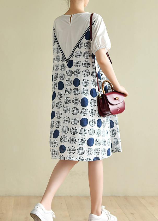 Handmade White Dotted Outfit O Neck a Line Summer Dress