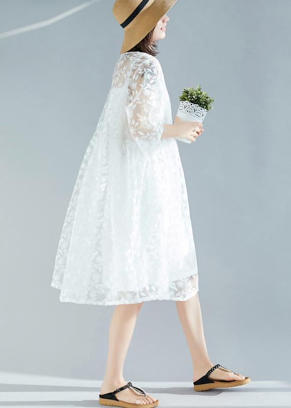 Handmade White Dress O Neck Cinched a Line Summer Dresses