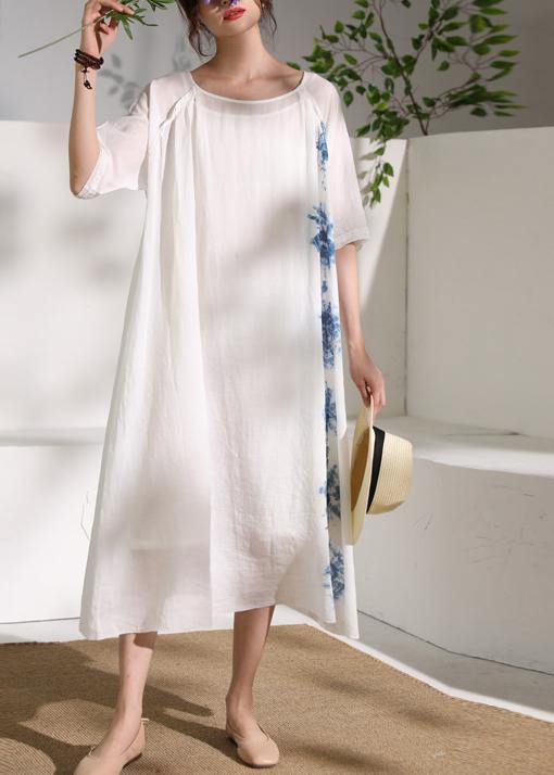 Handmade White Print Linen Clothes for O Neck Half Sleeve a Line Summer Dresses