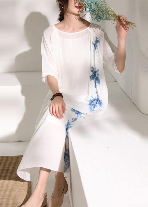 Handmade White Print Linen Clothes for O Neck Half Sleeve a Line Summer Dresses