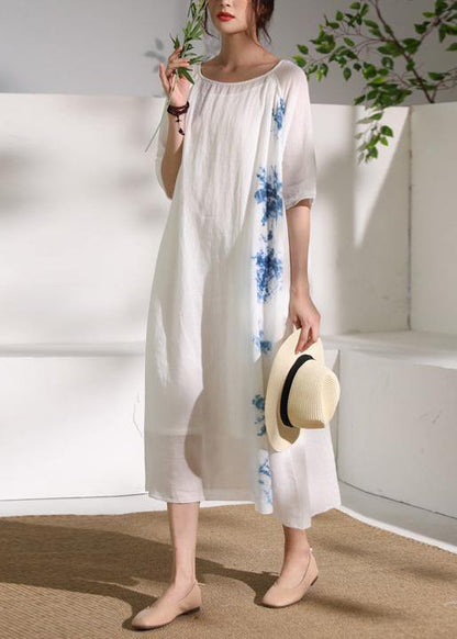 Handmade White Print Linen Clothes for O Neck Half Sleeve a Line Summer Dresses