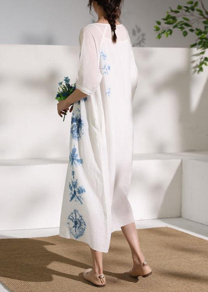 Handmade White Print Linen Clothes for O Neck Half Sleeve a Line Summer Dresses