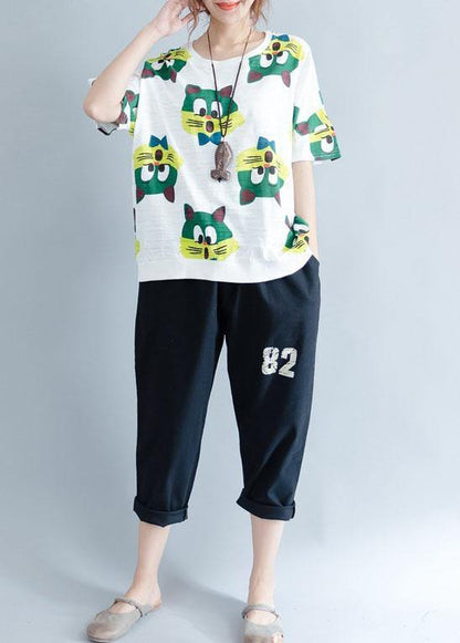 Handmade White Prints Cotton Crane Tops O Neck Art Summer Shirt