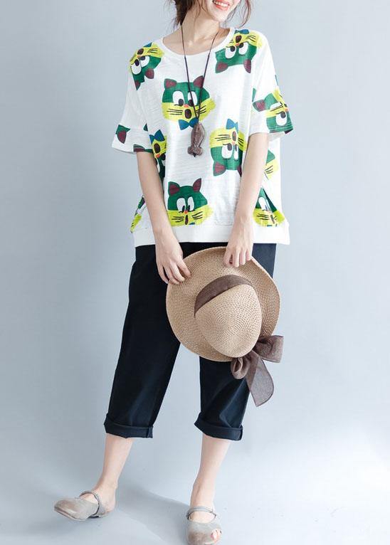 Handmade White Prints Cotton Crane Tops O Neck Art Summer Shirt