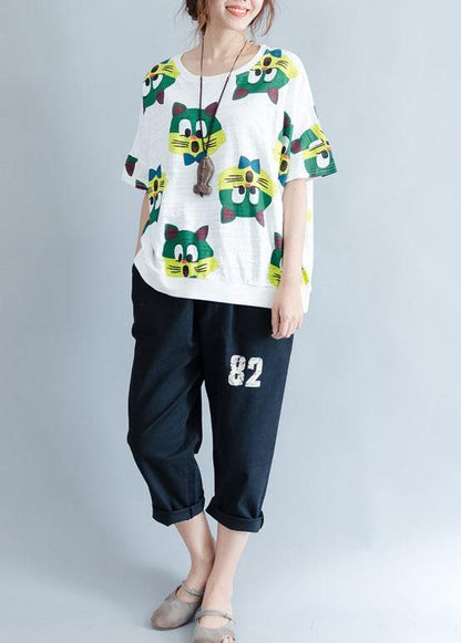 Handmade White Prints Cotton Crane Tops O Neck Art Summer Shirt