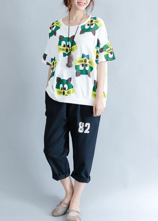 Handmade White Prints Cotton Crane Tops O Neck Art Summer Shirt