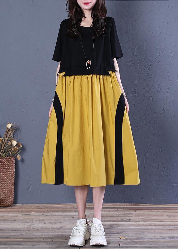 Handmade Yellow Cotton Clothes for O Neck Patchwork Cotton Summer Dresses
