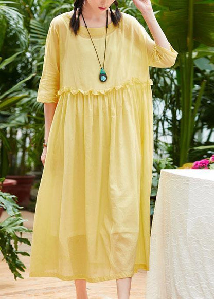 Handmade Yellow Cotton Linen Clothes O Neck Half Sleeve Maxi Summer Dresses