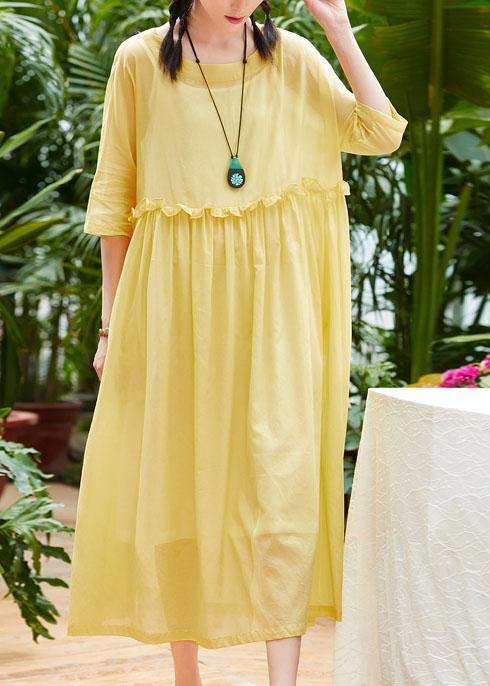 Handmade Yellow Cotton Linen Clothes O Neck Half Sleeve Maxi Summer Dresses