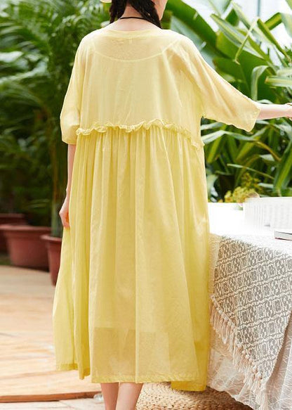 Handmade Yellow Cotton Linen Clothes O Neck Half Sleeve Maxi Summer Dresses