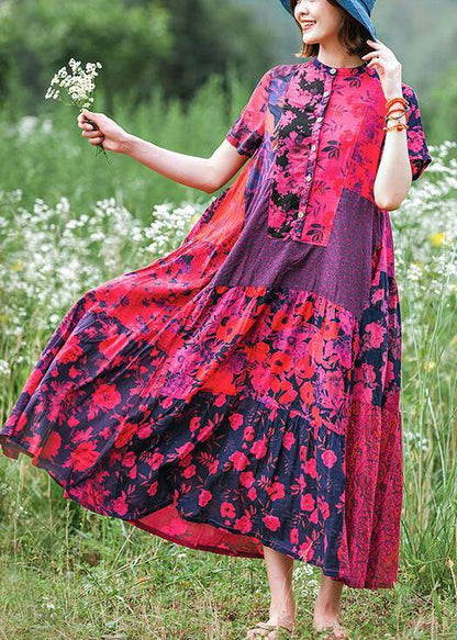 Handmade Yellow Print Cotton Dresses Stand Collar Extra Large Hem Loose Dresses