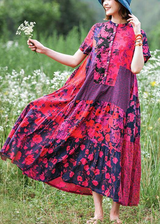 Handmade Yellow Print Cotton Dresses Stand Collar Extra Large Hem Loose Dresses