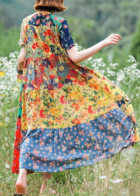 Handmade Yellow Print Cotton Dresses Stand Collar Extra Large Hem Loose Dresses