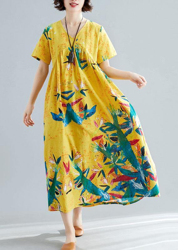 Handmade Yellow Prints Cotton Clothes for V Neck Maxi Summer Big Hem Dresses