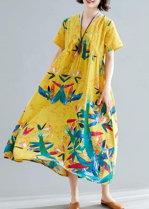 Handmade Yellow Prints Cotton Clothes for V Neck Maxi Summer Big Hem Dresses