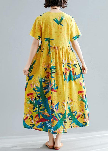 Handmade Yellow Prints Cotton Clothes for V Neck Maxi Summer Big Hem Dresses