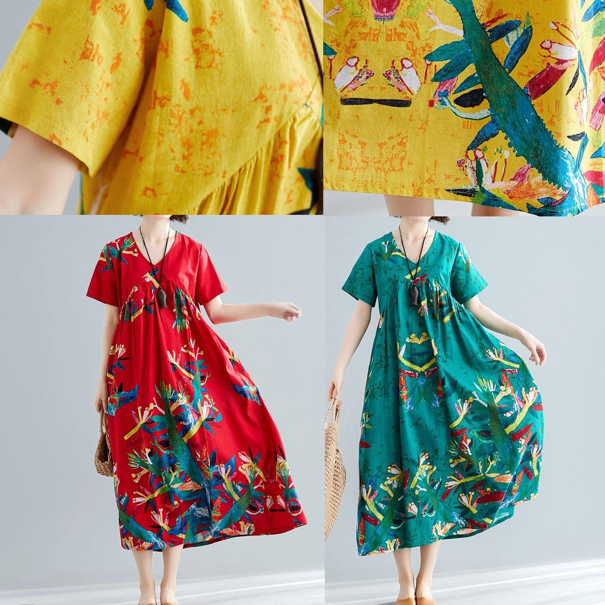 Handmade Yellow Prints Cotton Clothes for V Neck Maxi Summer Big Hem Dresses