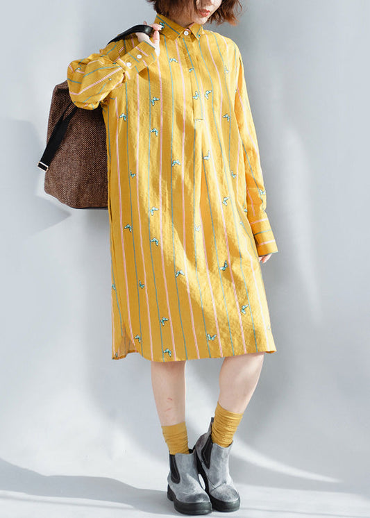 Handmade Yellow Striped Cotton Clothes for Korea Photography Lapel Button Down Spring Dress