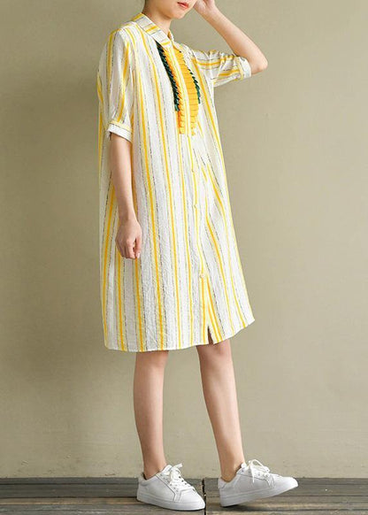 Handmade Yellow Striped Linen Robes Lapel Button Down Summer Dress