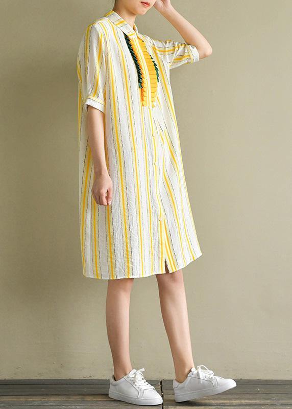Handmade Yellow Striped Linen Robes Lapel Button Down Summer Dress