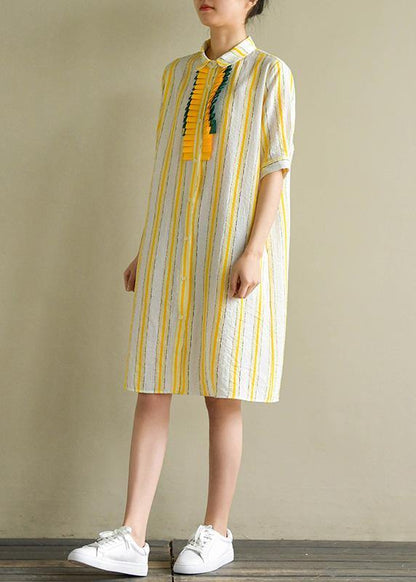 Handmade Yellow Striped Linen Robes Lapel Button Down Summer Dress