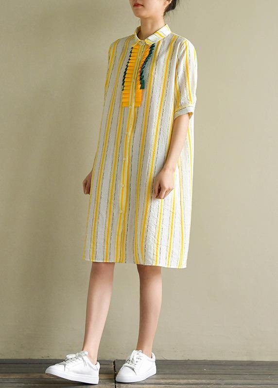 Handmade Yellow Striped Linen Robes Lapel Button Down Summer Dress