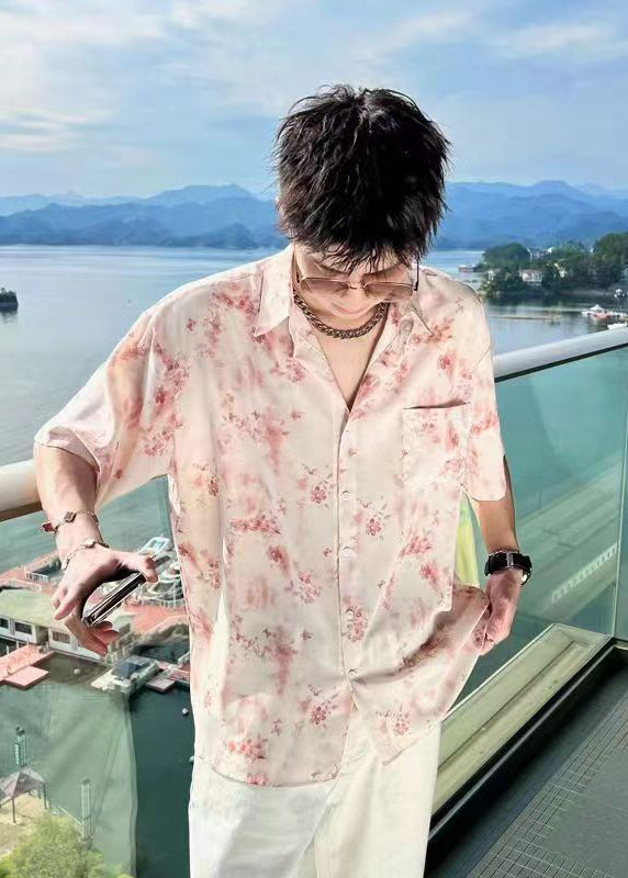 Hawaiian Vacation Pink Ice Silk Shirt Short Sleeved
