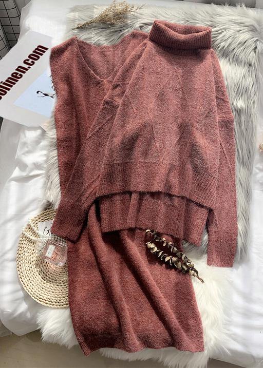High Collar Red Sweater Loose and Thickened Autumn and Winter Suspender Wool Dress Two Piece Set