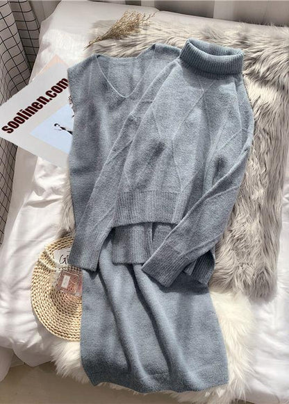 High Collar Red Sweater Loose and Thickened Autumn and Winter Suspender Wool Dress Two Piece Set