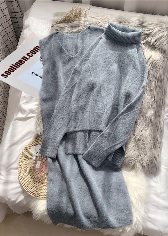 High Collar Red Sweater Loose and Thickened Autumn and Winter Suspender Wool Dress Two Piece Set