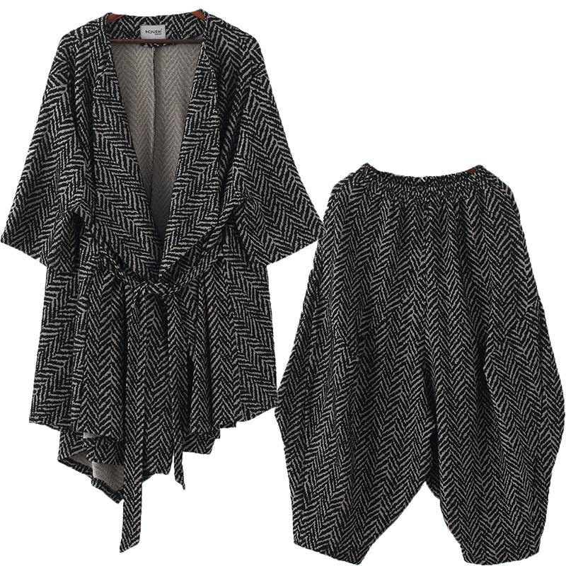 High End Stripe Style Irregular Suit British Big Temperament Black Two Piece Set Autumn