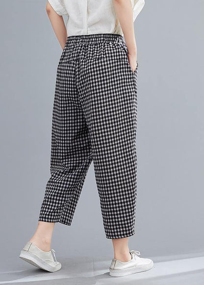 High-waist Cotton Linen Checked Harem Pants