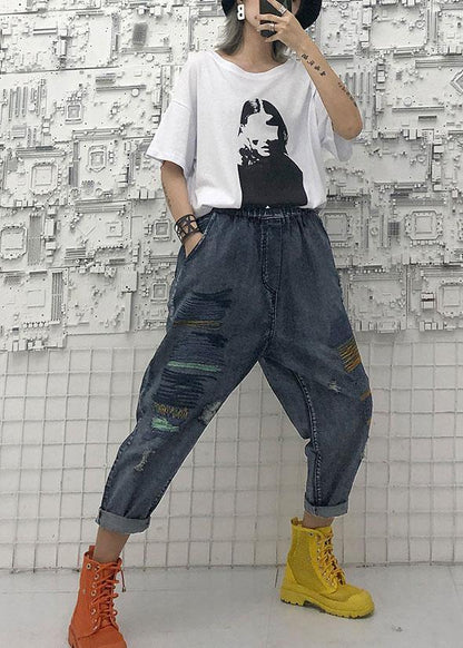 High Waist Summer Nine Points Embroidery Broken Hole Carrot Pants