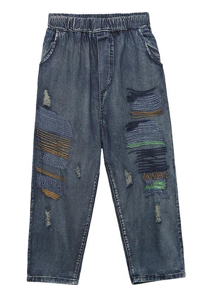 High Waist Summer Nine Points Embroidery Broken Hole Carrot Pants