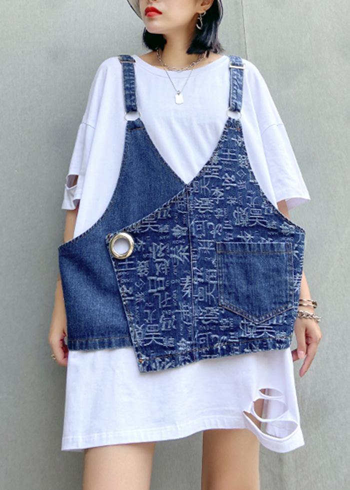 Hole White Short-sleeved T-shirt Female Loose Summer Large Size Shirt Denim Vest Suit Two-piece Suit