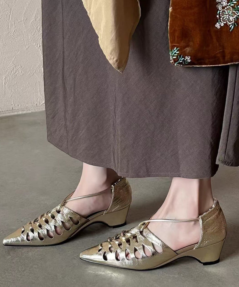 Hollow Out Golden Sandals Pointed Toe Chunky Sandals