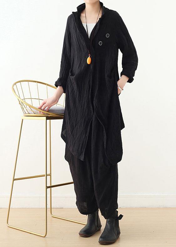 Hot Black Pockets Linen Long Sleeve Spring Trench