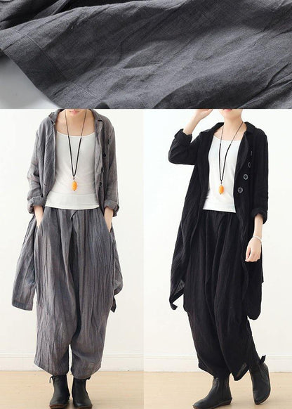 Hot Black Pockets Linen Long Sleeve Spring Trench