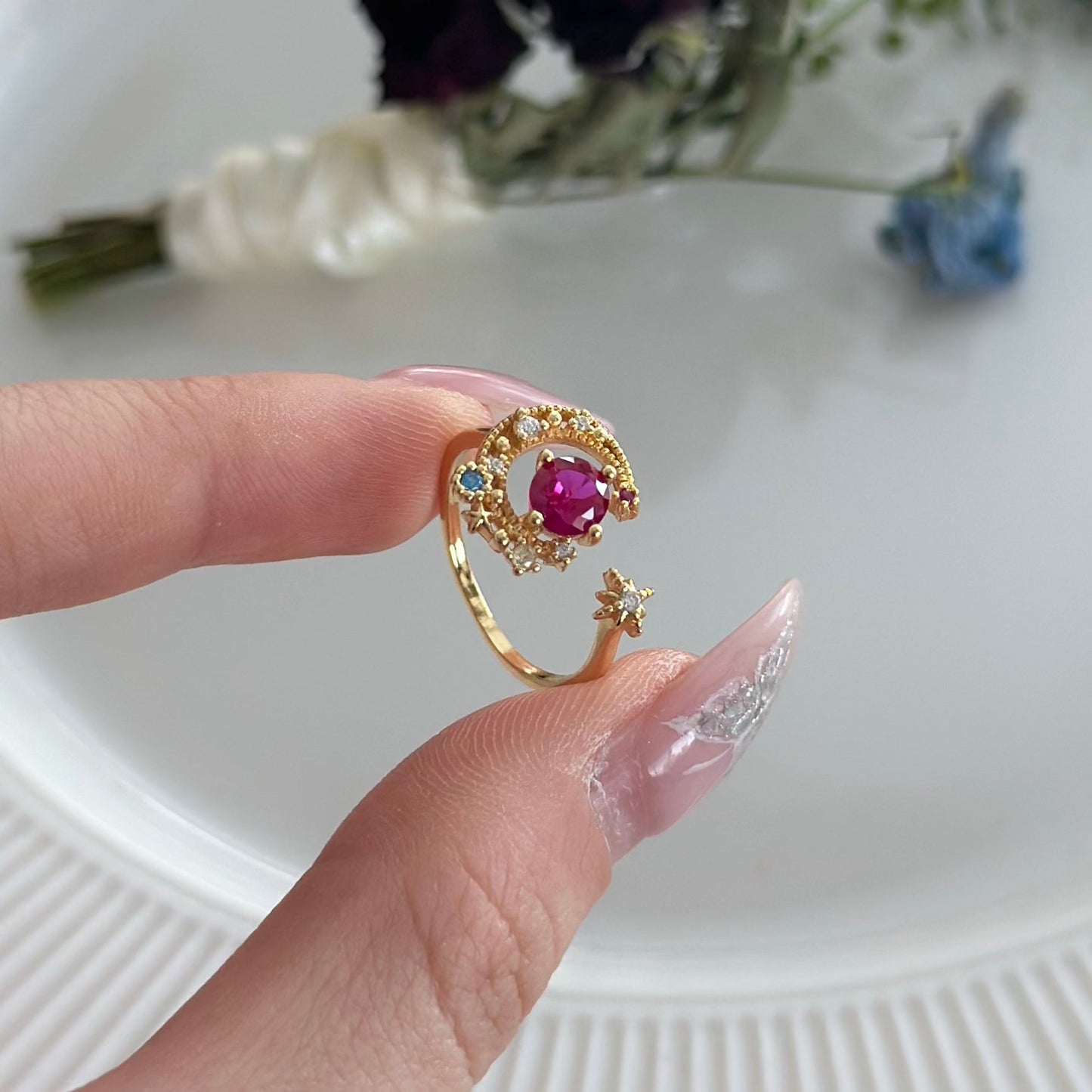 [] Jodie Pink Moon Star Ring