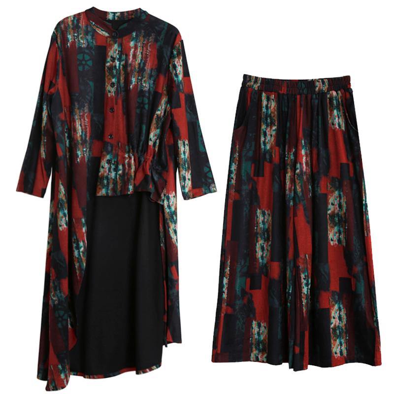 Irregular Red Print Suit Pleated Two-piece Suit