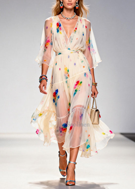 Italian Apricot V Neck Tie Dye Chiffon Party Dresses Summer
