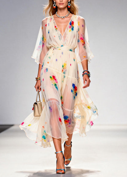 Italian Apricot V Neck Tie Dye Chiffon Party Dresses Summer
