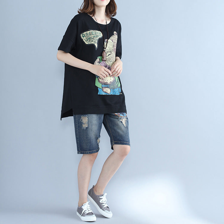 Italian Batwing Sleeve O Neck Cotton Tunic Top Black Print Midi Tops