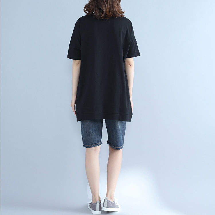 Italian Batwing Sleeve O Neck Cotton Tunic Top Black Print Midi Tops