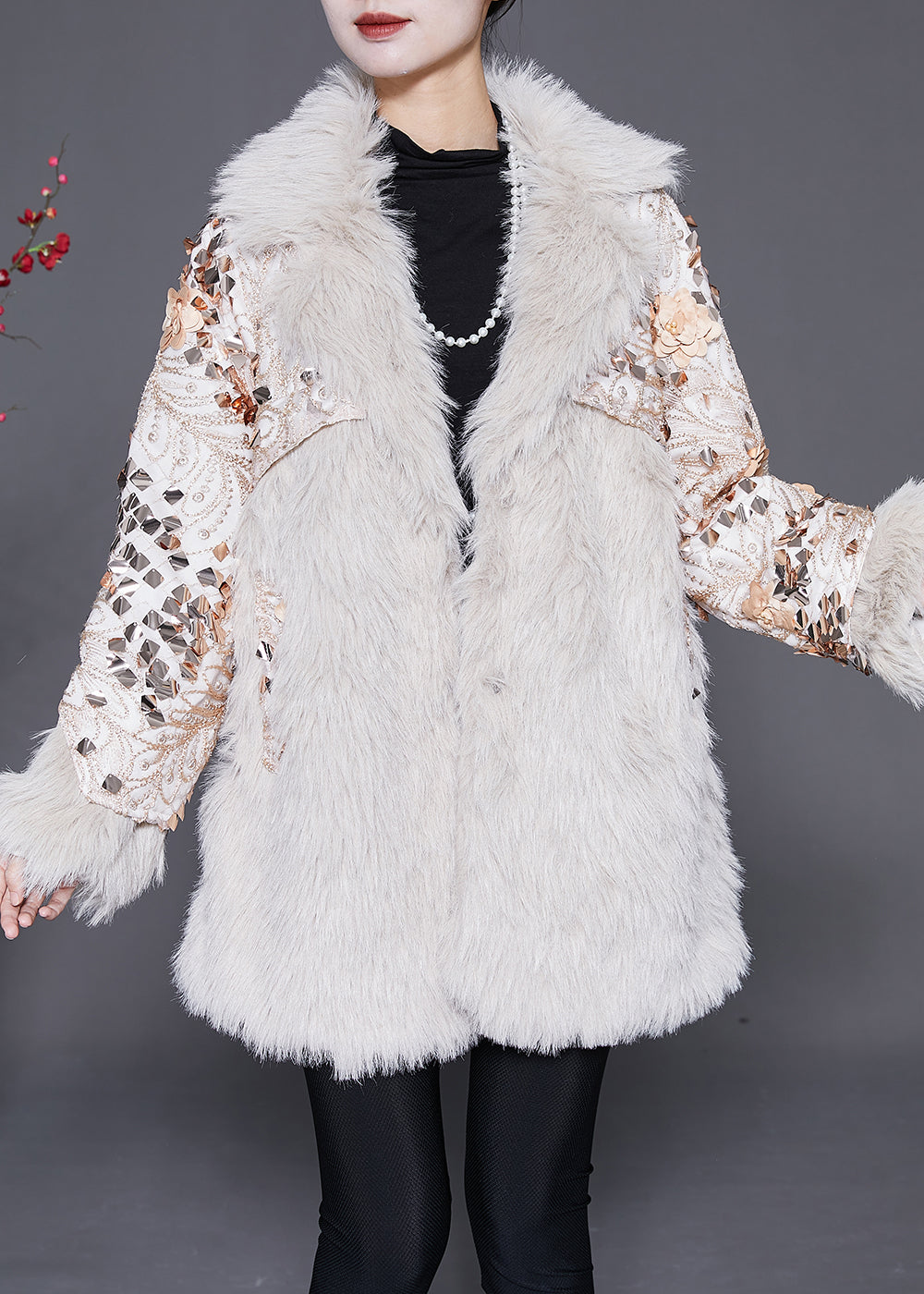 Italian Beige Patchwork Faux Fur Coat Winter