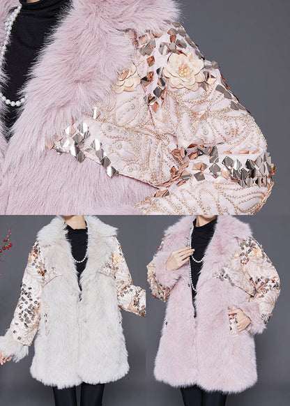 Italian Beige Patchwork Faux Fur Coat Winter