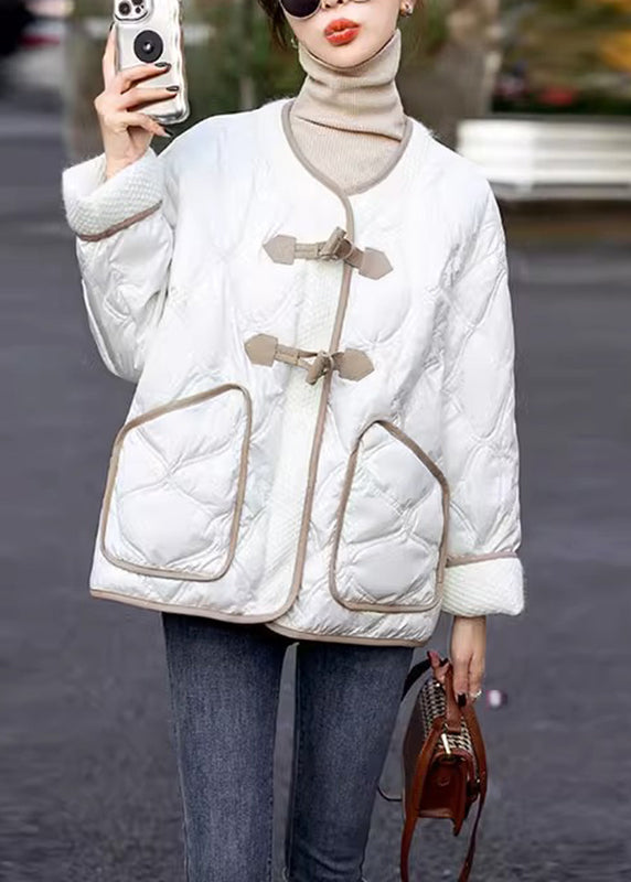 Italian Beige O-neck Plaid Patchwork Pockets Button Parka Winter
