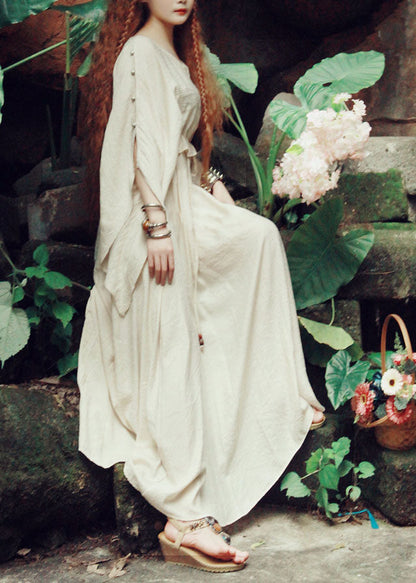 Italian Beige O-neck Tie Waist Silk Cinched Dress Spring